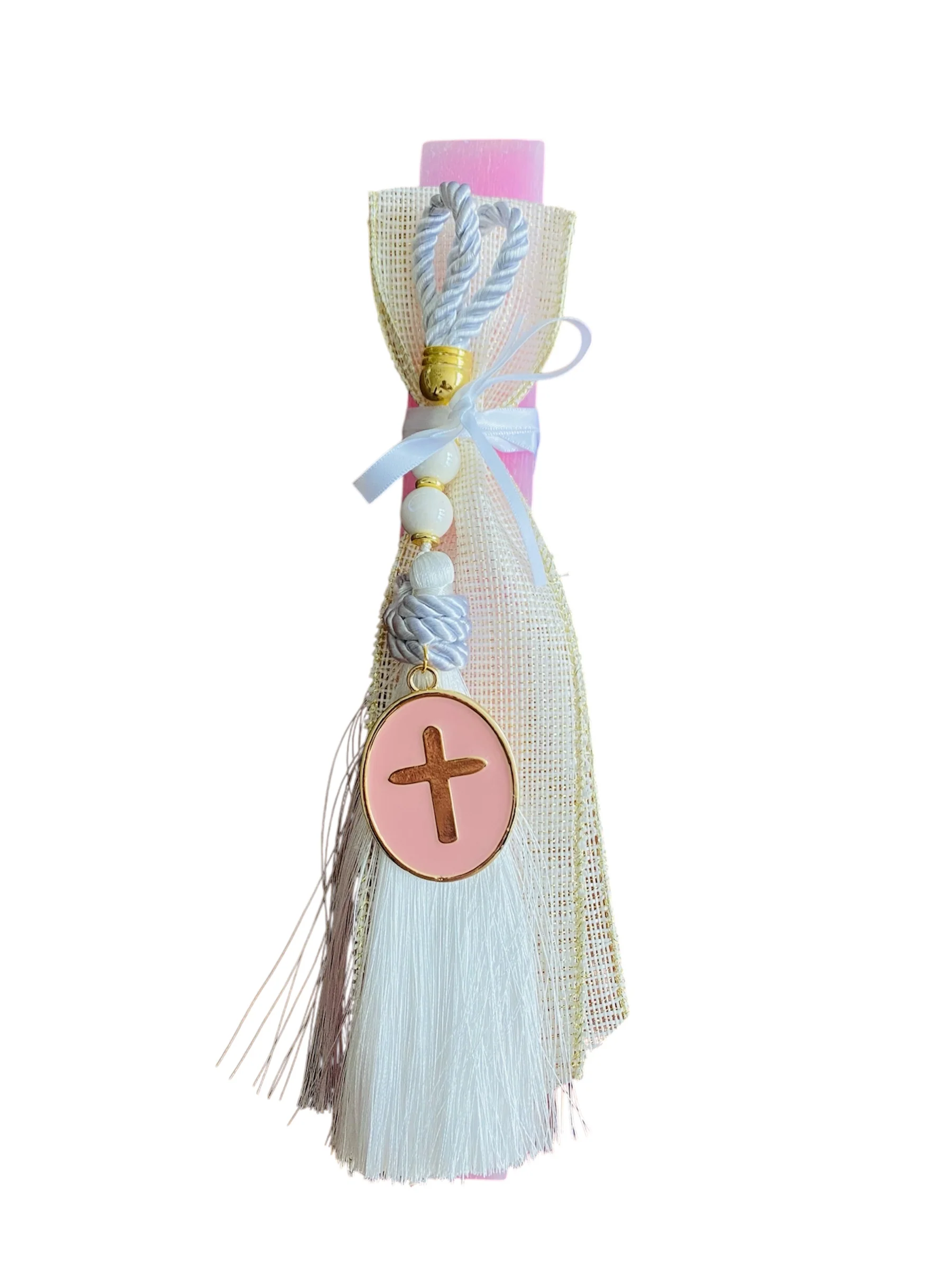 Candle - Pink with White Lace and Cross